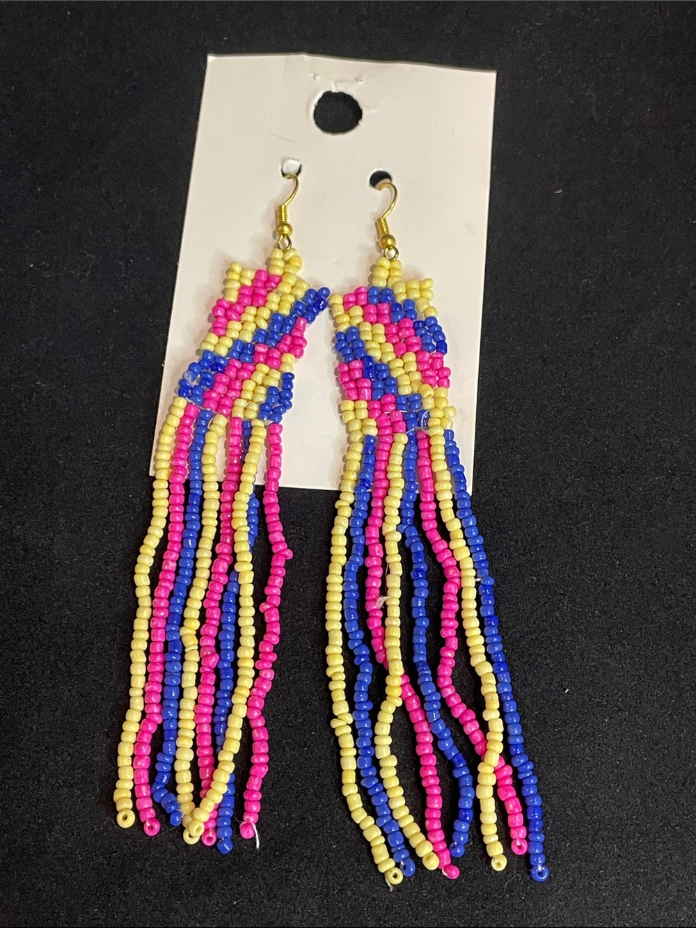 Handcrafted Yellow, Pink & Blue Seed Bead Fringe Earrings